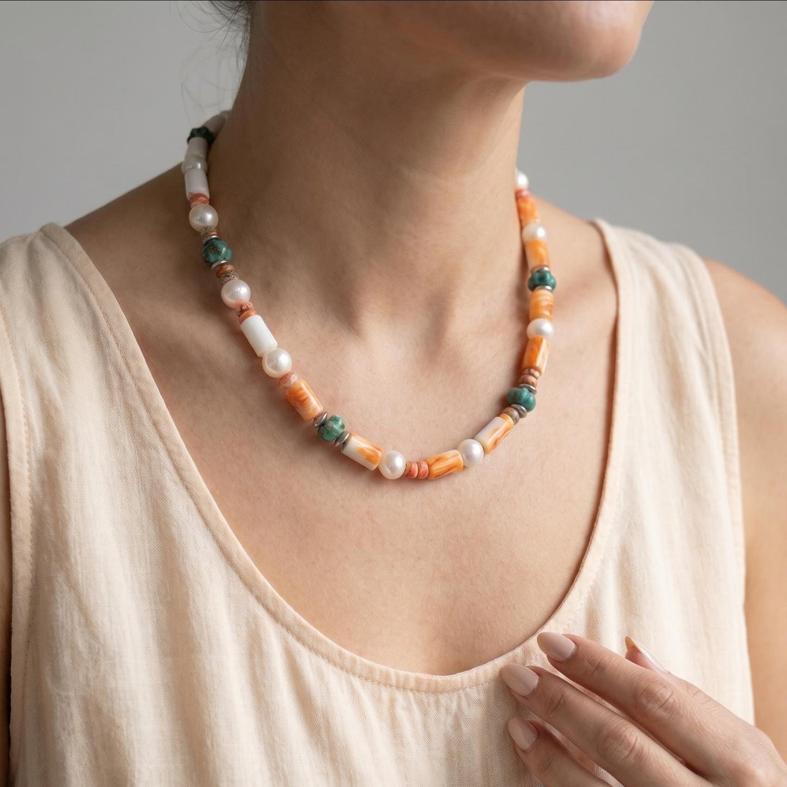 Orange Spiny Oyster Shell Turquoise Necklace -Sterling Silver