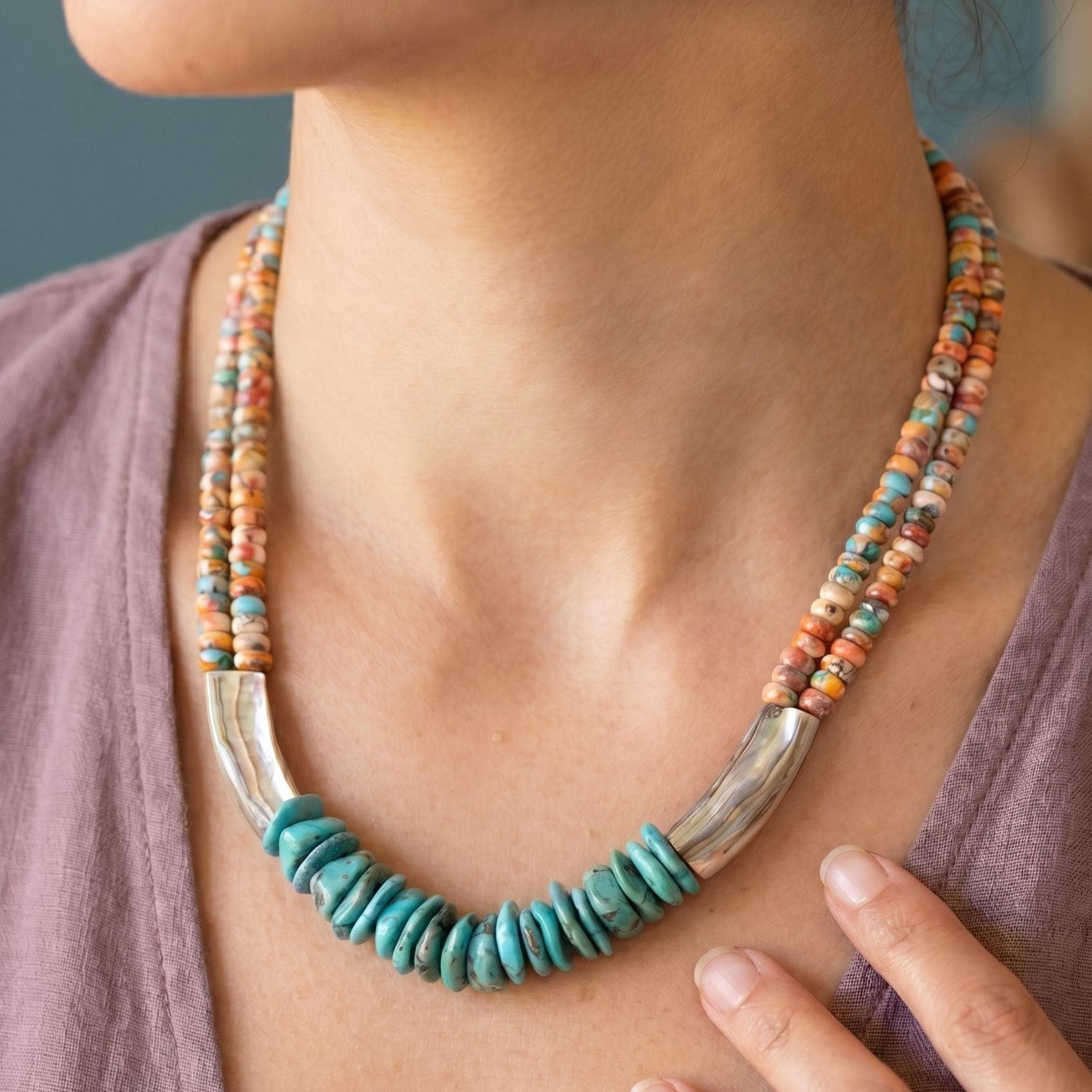 Turquoise Spiny Oyster Beaded Necklace - Abalone Shell Jewelry - .999 Silver