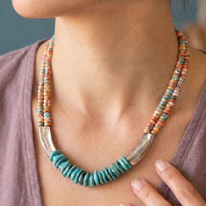 Turquoise Spiny Oyster Beaded Necklace - Abalone Shell Jewelry - .999 Silver