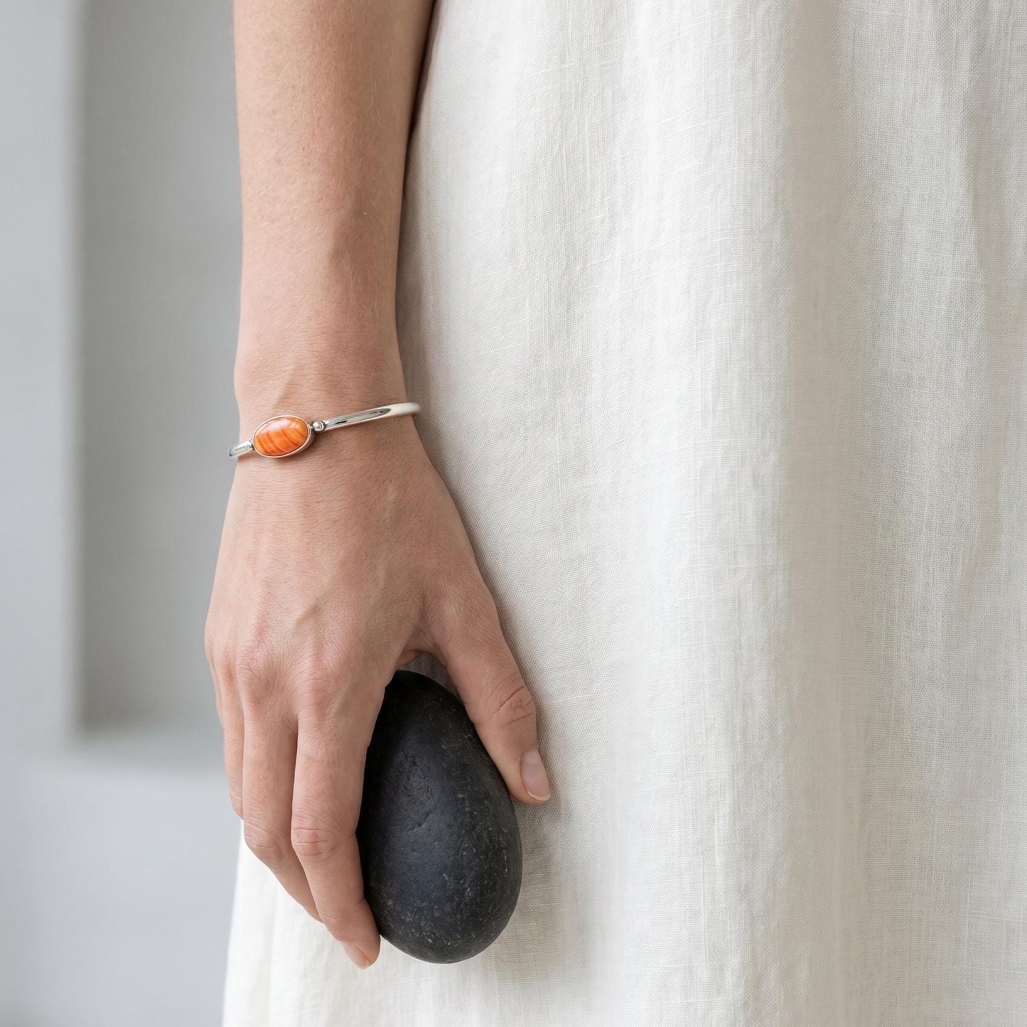 Spiny Oyster Cuff Bracelet – Sterling Silver, Orange Red Stone