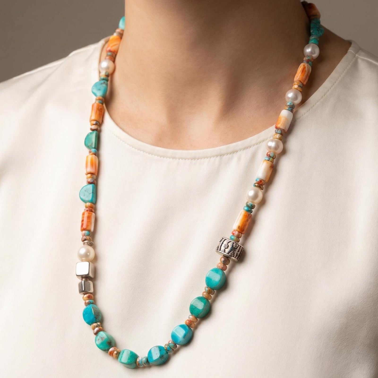 Turquoise Spiny Oyster Beaded Necklace - 11mm Freshwater Pearls - Old Bali Silver