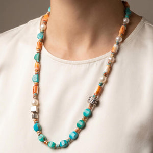 Turquoise Spiny Oyster Beaded Necklace - 11mm Freshwater Pearls - Old Bali Silver