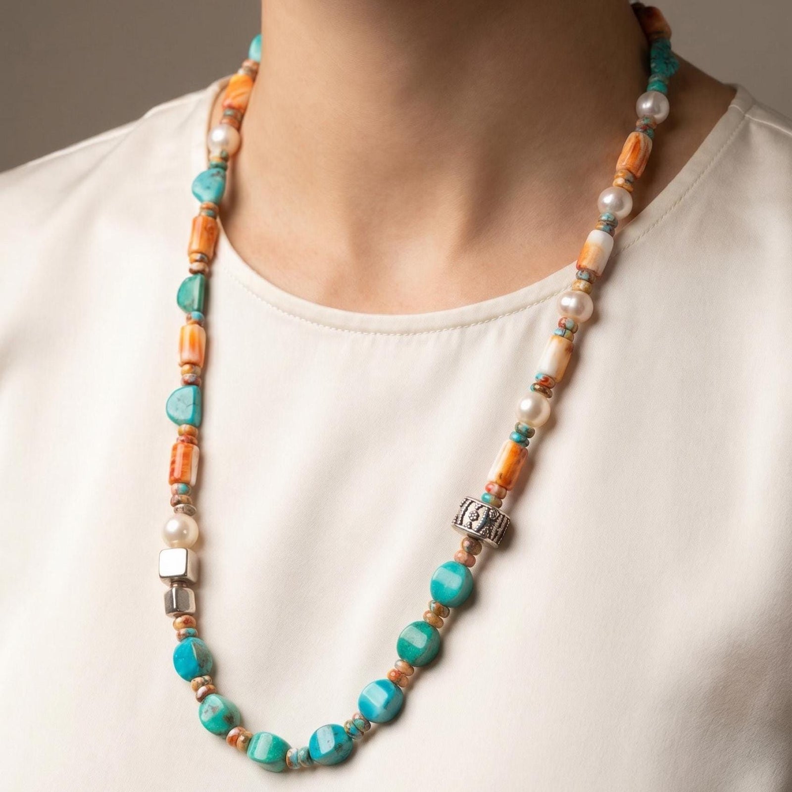 Turquoise Spiny Oyster Beaded Necklace - 11mm Freshwater Pearls - Old Bali Silver