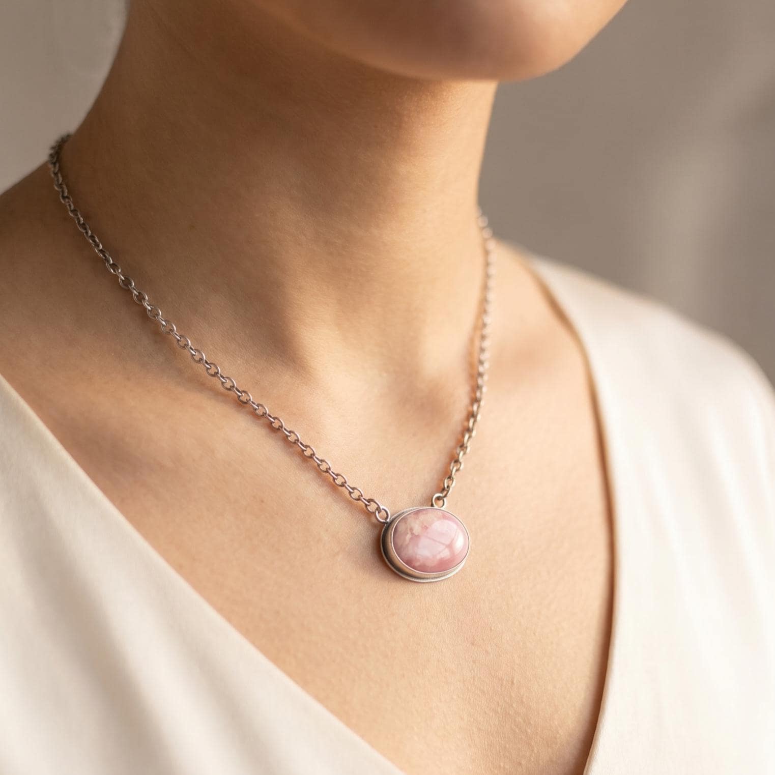 Sterling Silver Pink Opal Necklace - East West Pendant - Choose Your Stone