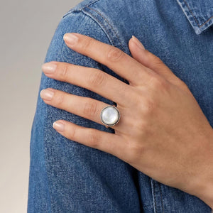Round Mother of Pearl Boho Ring - White Nacre Statement Ring - Sterling Silver