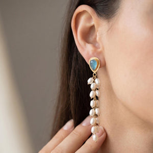 Aquamarine Wedding Earrings with Long Pearl Dangles - 14 KT Gold