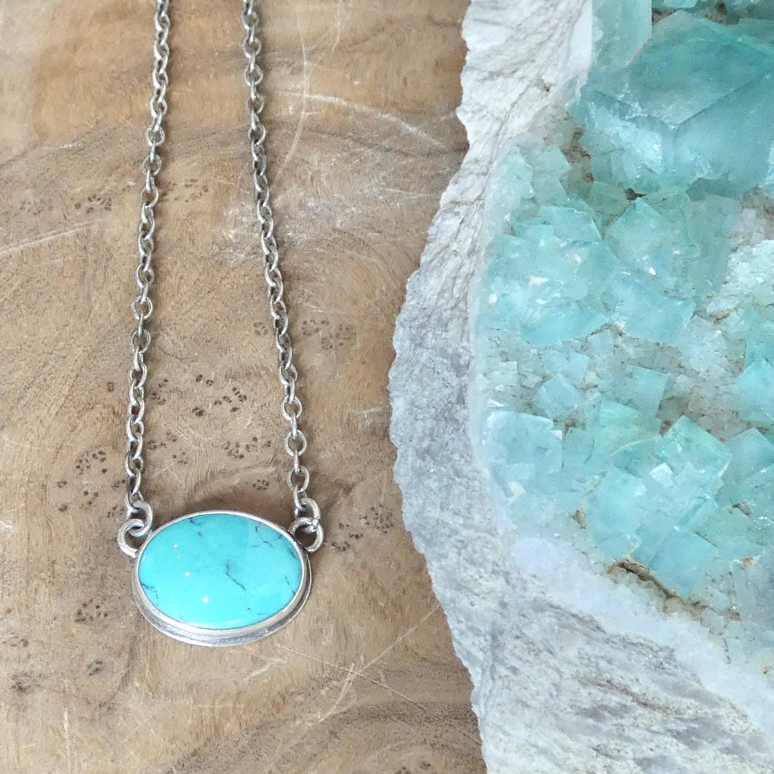Oval Turquoise Pendant Necklace – Sterling Silver Boho Chain