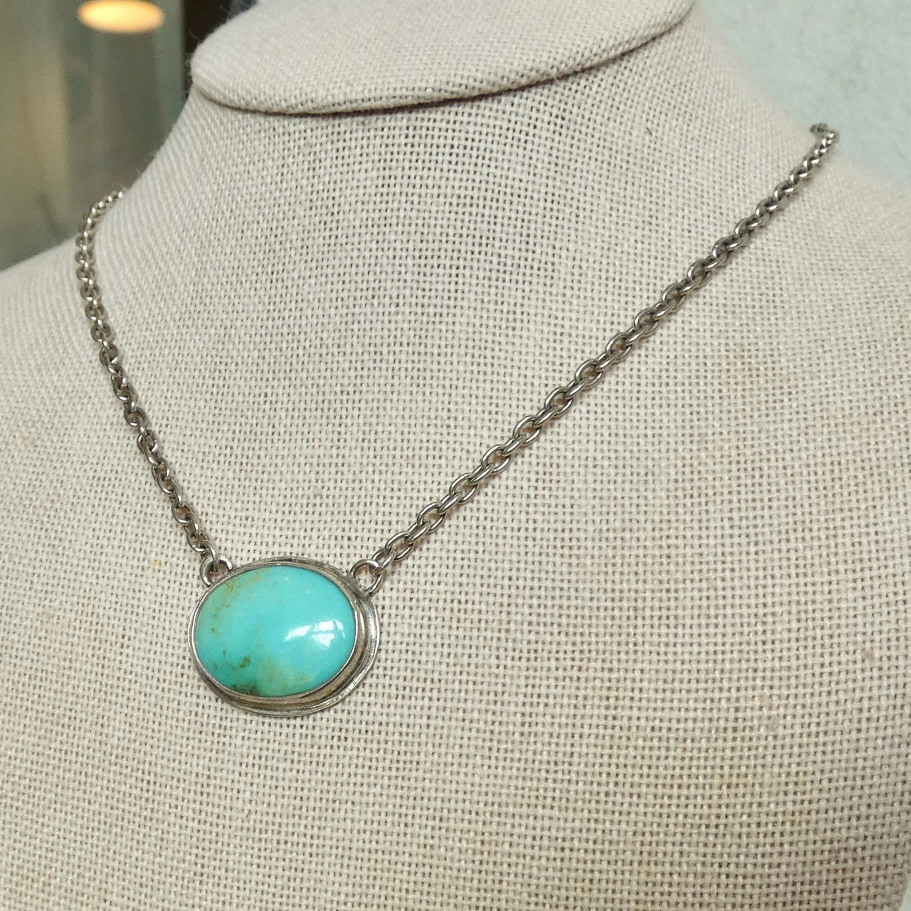 Oval Turquoise Pendant Necklace – Sterling Silver Boho Chain