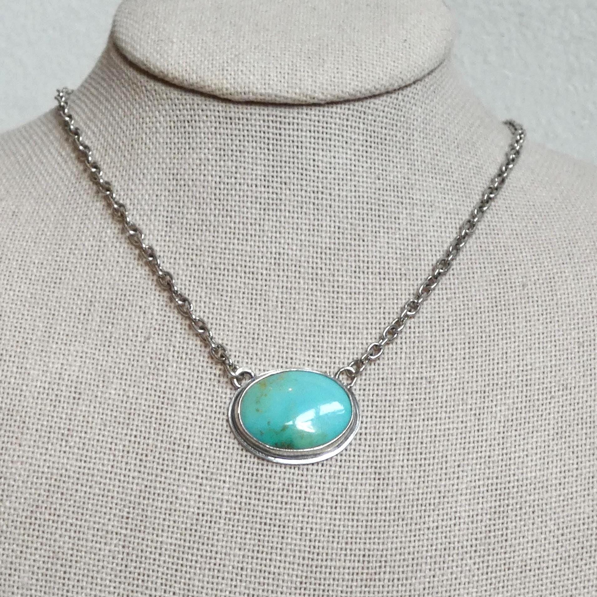 Oval Turquoise Pendant Necklace – Sterling Silver Boho Chain