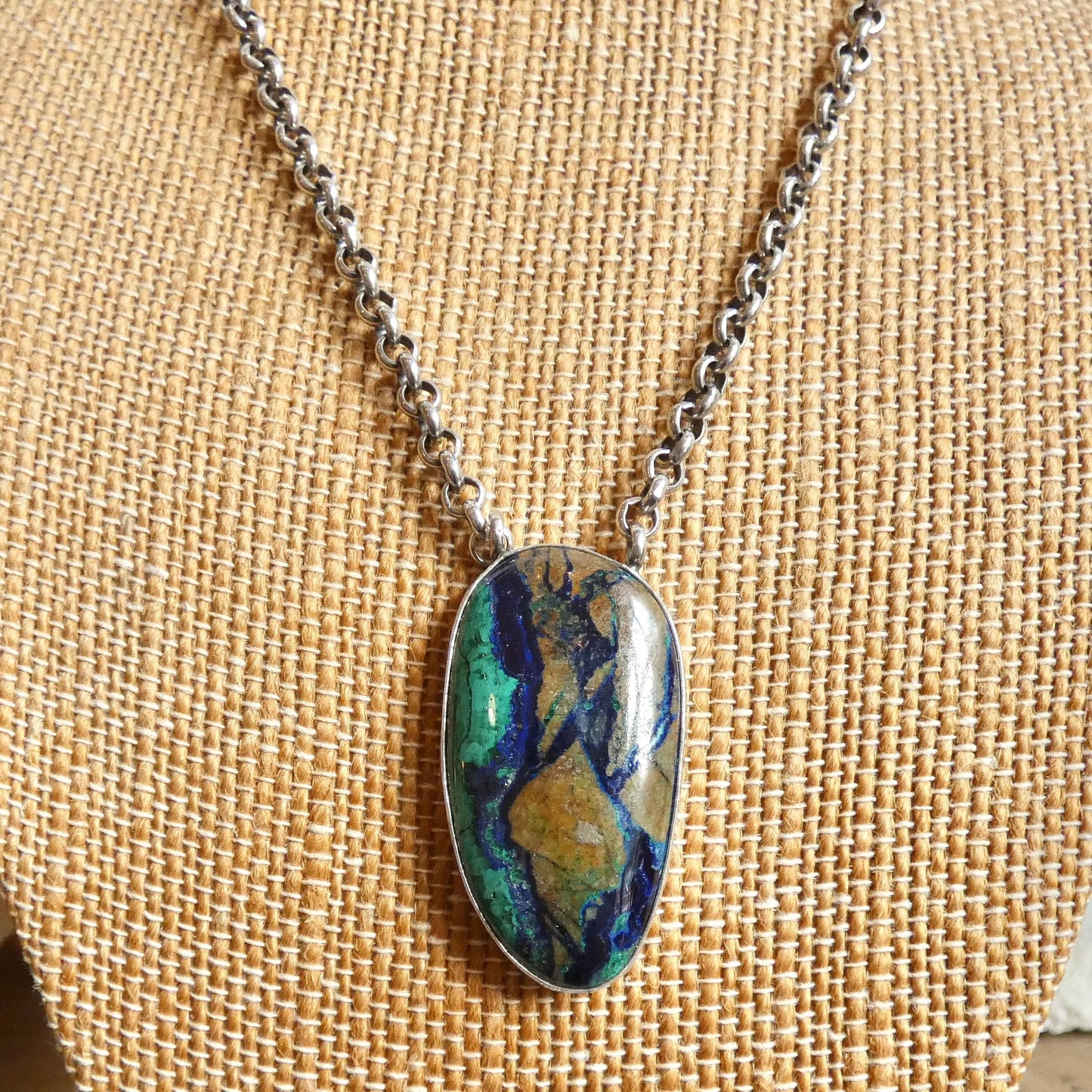 Azurite Malachite Pendant Necklace - Chunky Sterling Silver - Choose your Men's Necklace