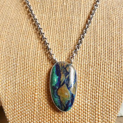 Azurite Malachite Pendant Necklace - Chunky Sterling Silver - Choose your Men's Necklace