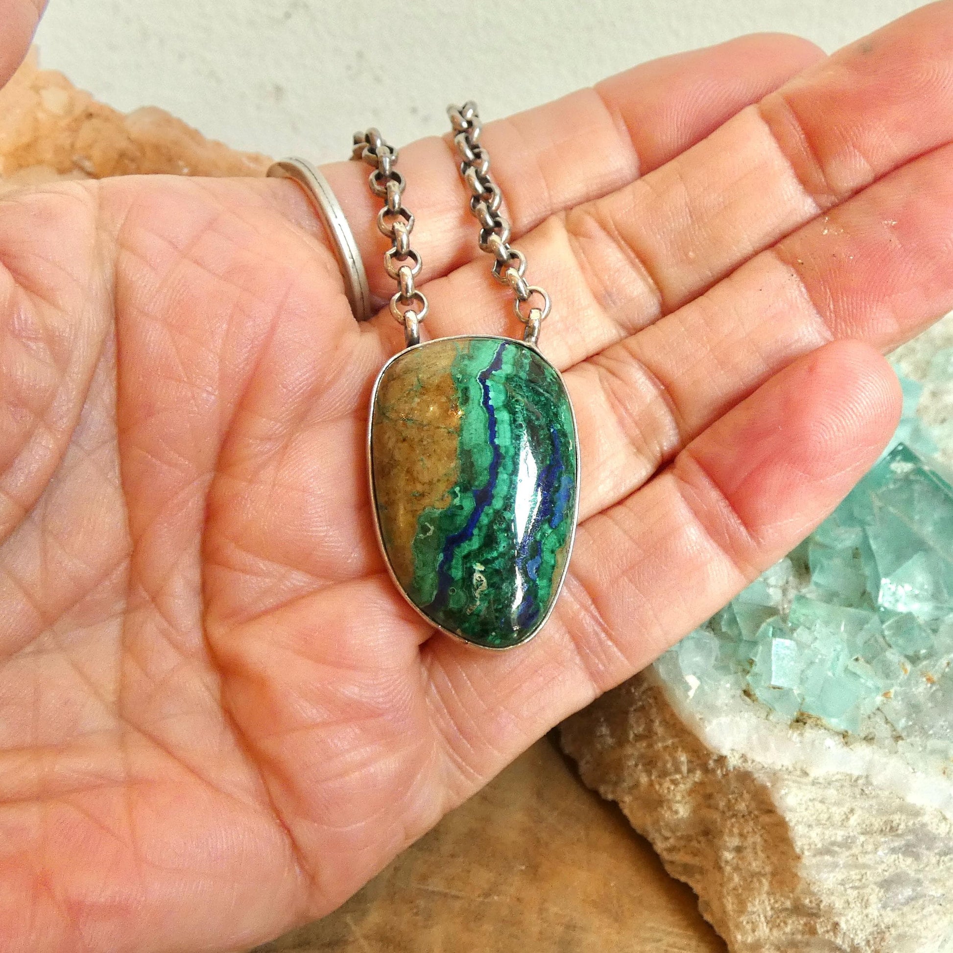Azurite Malachite Pendant Necklace - Chunky Sterling Silver - Choose your Men's Necklace