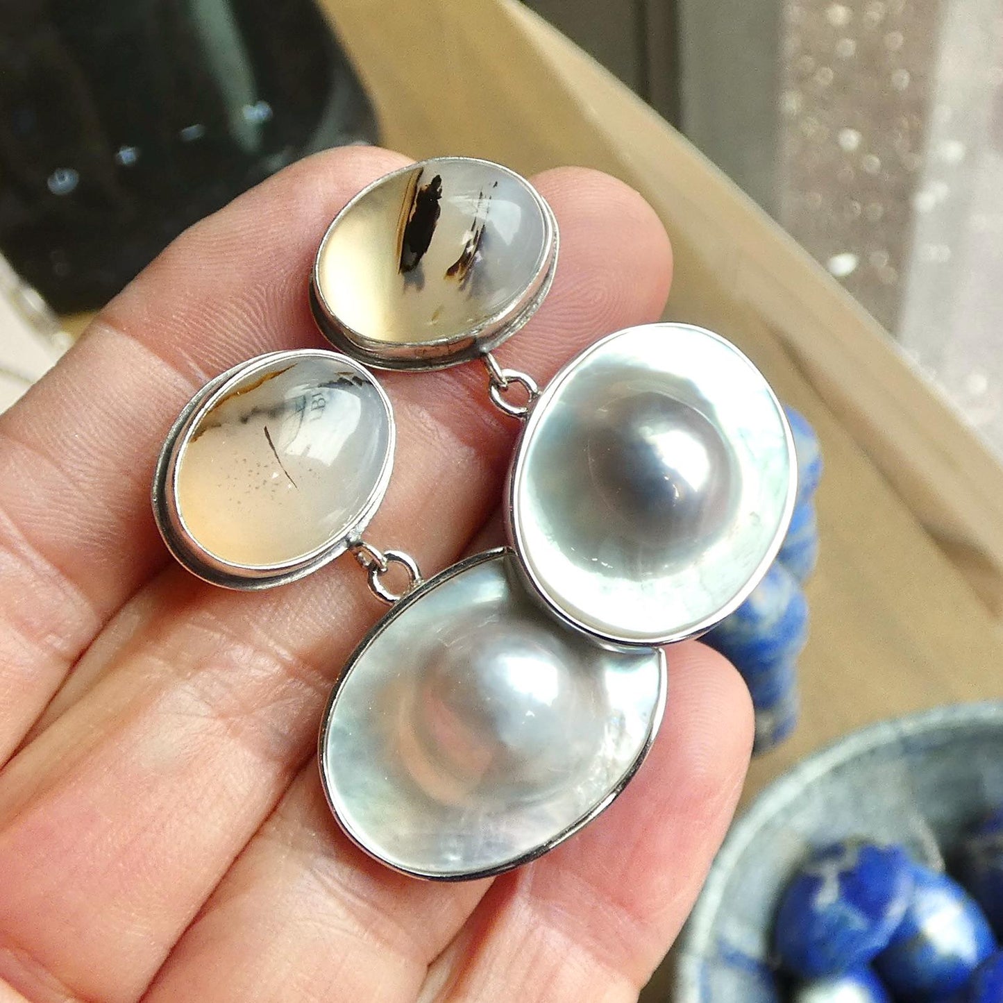 Montana Agate & Blister Pearl Earrings - .925 Sterling Silver