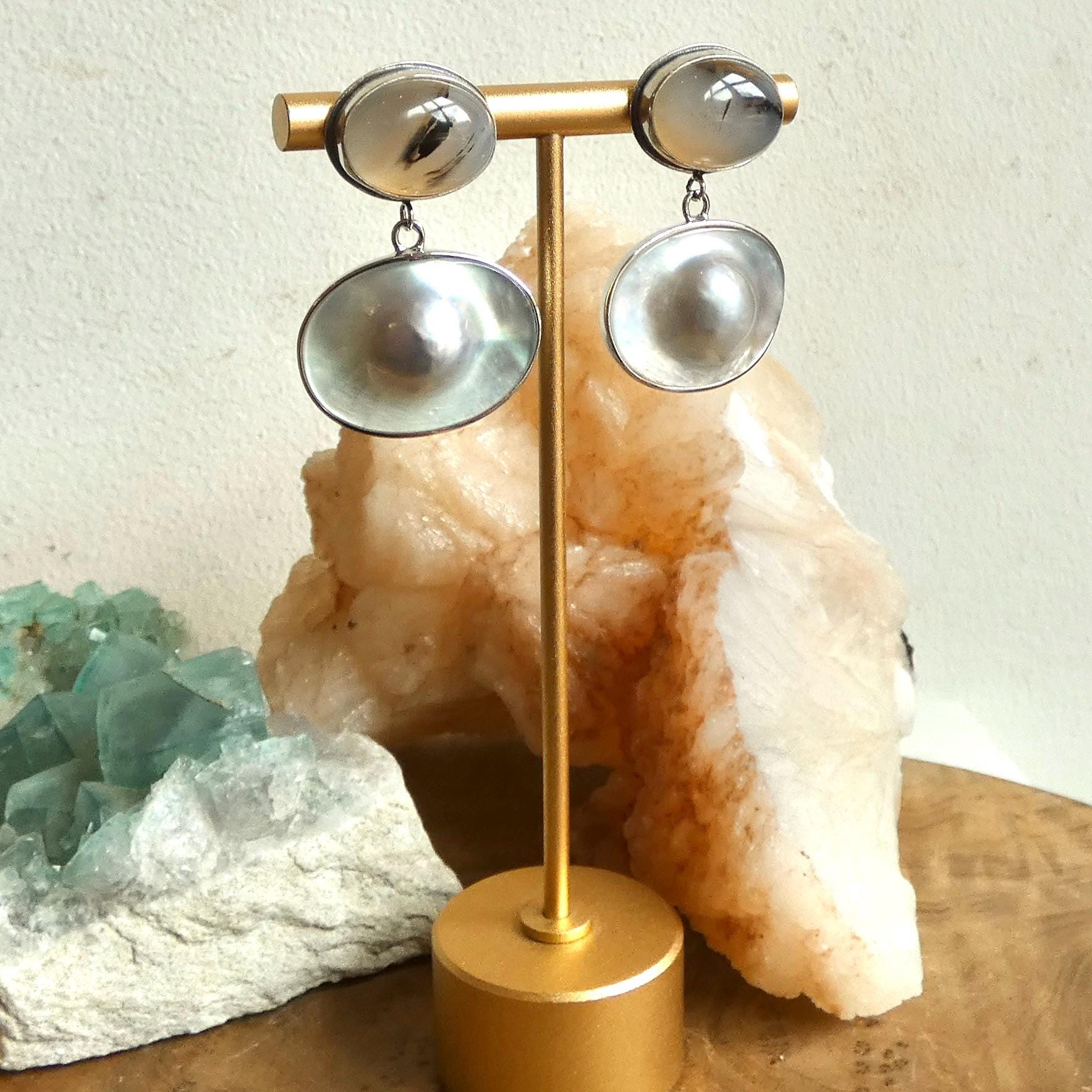 Montana Agate & Blister Pearl Earrings - .925 Sterling Silver