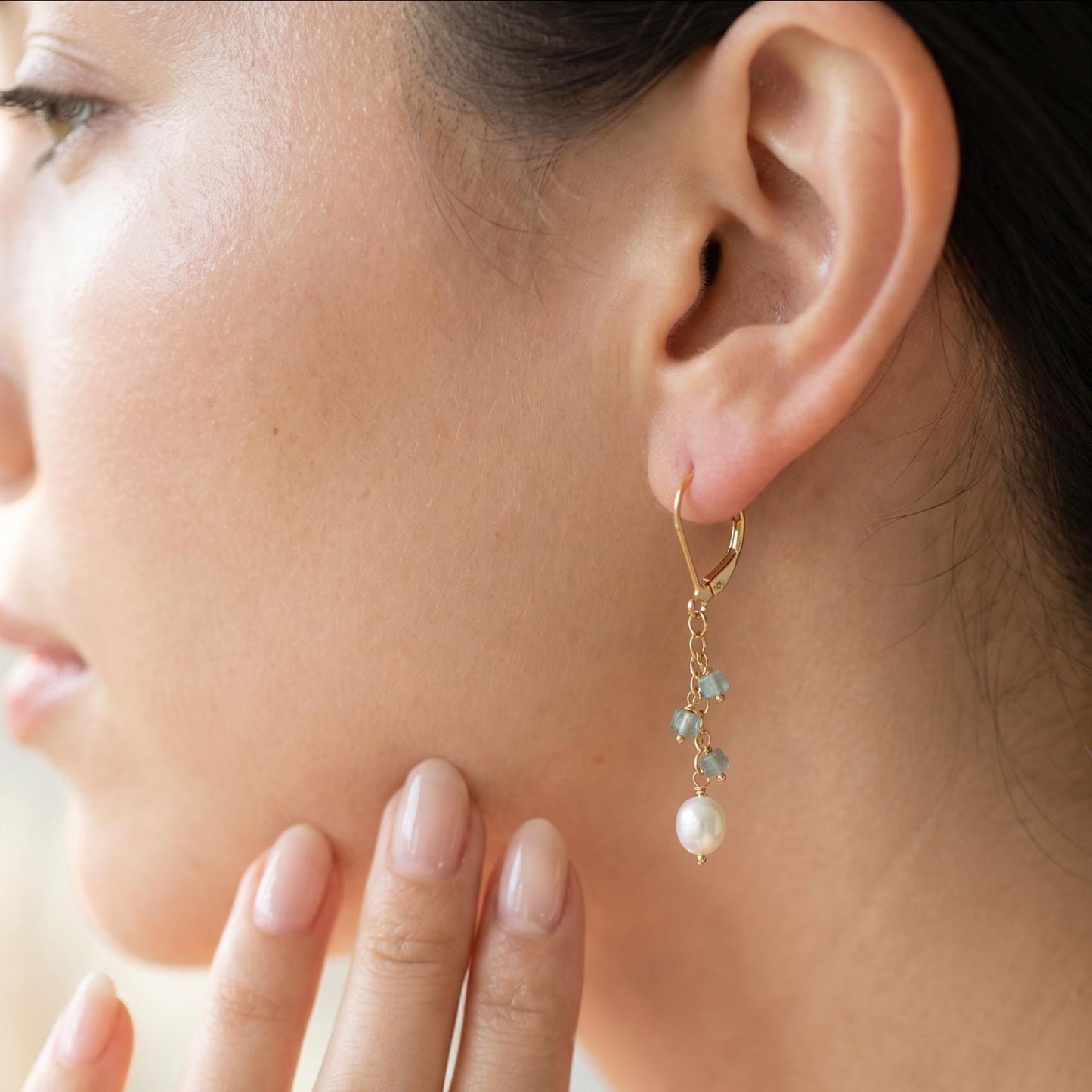 Dainty Aquamarine and Pearl Dangle Earrings - 14K Gold Filled Leverbacks