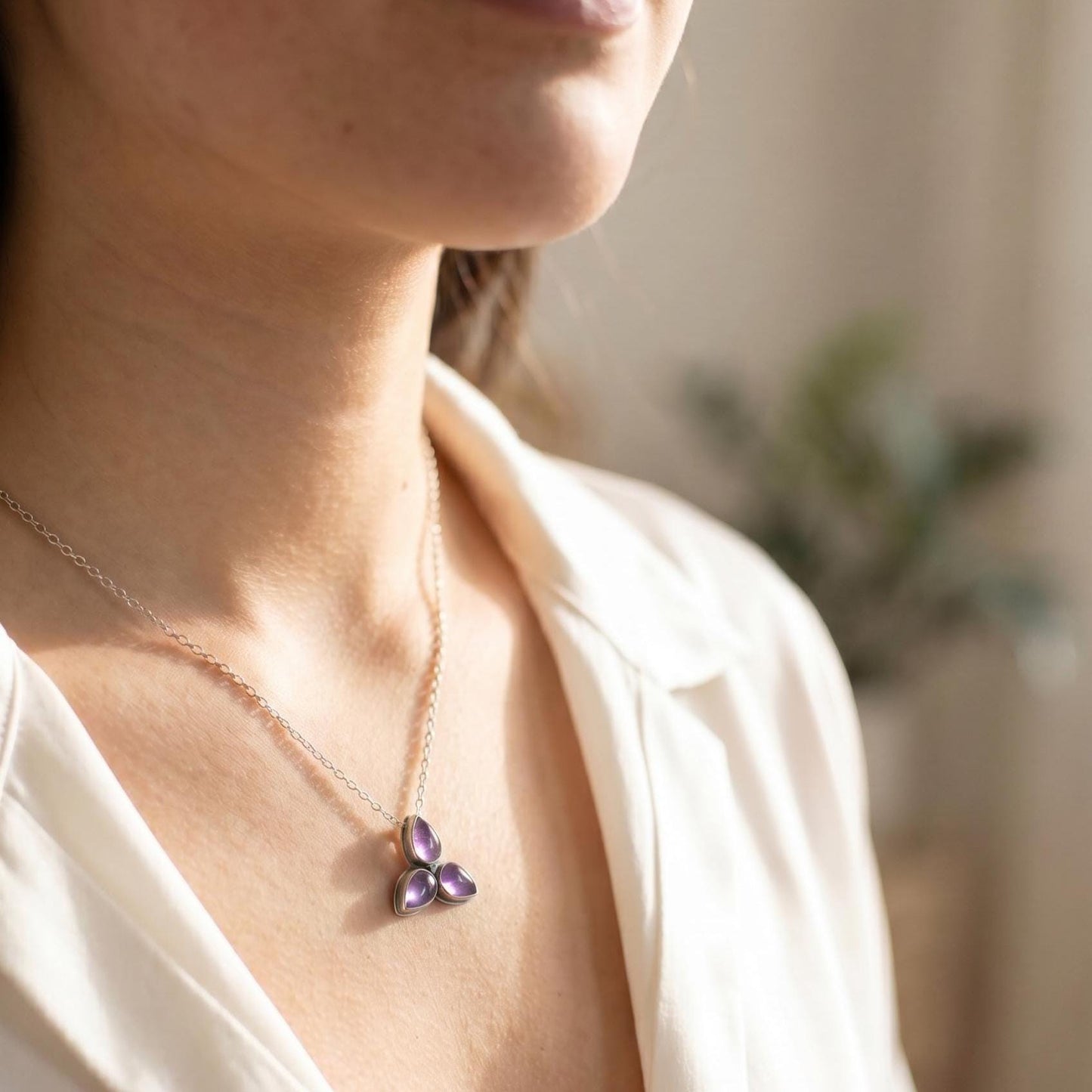Purple Amethyst Star Power Necklace - 3 Stone Pendant - Sterling Silver