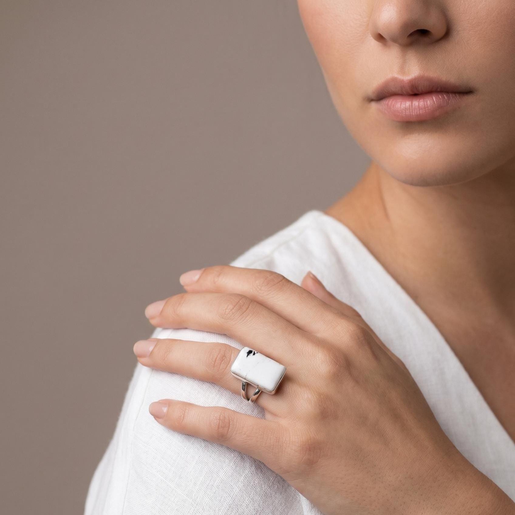 White Buffalo Statement Ring - White Buffalo Rectangle Ring - Silversmith Ring - OOAK