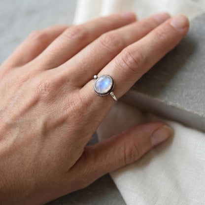 Dainty Rainbow Moonstone Ring – Sterling Silver Delica Design