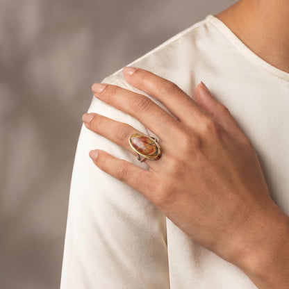 Red Creek Jasper Ring - 18K Solid Gold Bezel - Size 5 - 6 - Sterling Silver