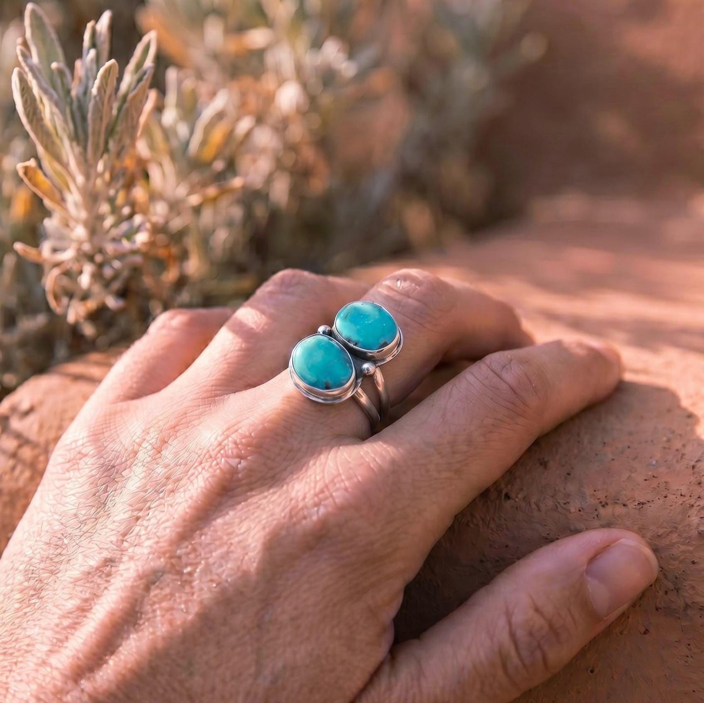 Campitos Turquoise Ring - 2 Stone Ring - Sterling Silver - Choose Size 6 or 7