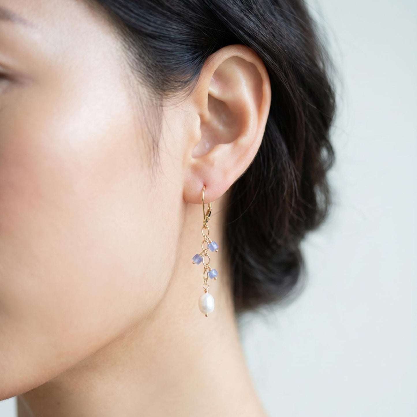 Tanzanite and Pearl Dangle Earrings - 14K Gold Filled Leverbacks