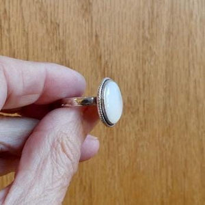 Round Mother of Pearl Boho Ring - White Nacre Statement Ring - Sterling Silver
