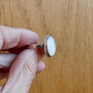 Round Mother of Pearl Boho Ring - White Nacre Statement Ring - Sterling Silver