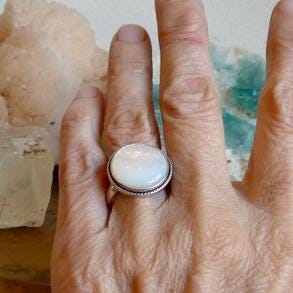 Round Mother of Pearl Boho Ring - White Nacre Statement Ring - Sterling Silver