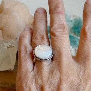 Round Mother of Pearl Boho Ring - White Nacre Statement Ring - Sterling Silver