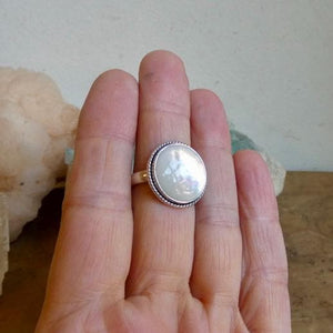 Round Mother of Pearl Boho Ring - White Nacre Statement Ring - Sterling Silver