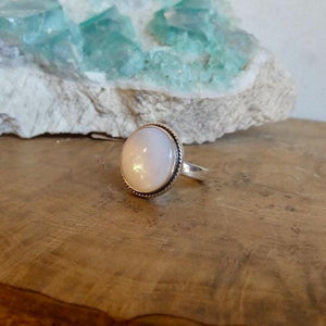 Round Mother of Pearl Boho Ring - White Nacre Statement Ring - Sterling Silver