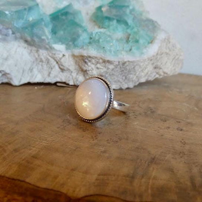 Round Mother of Pearl Boho Ring - White Nacre Statement Ring - Sterling Silver