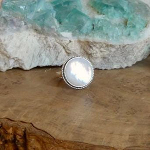 Round Mother of Pearl Boho Ring - White Nacre Statement Ring - Sterling Silver