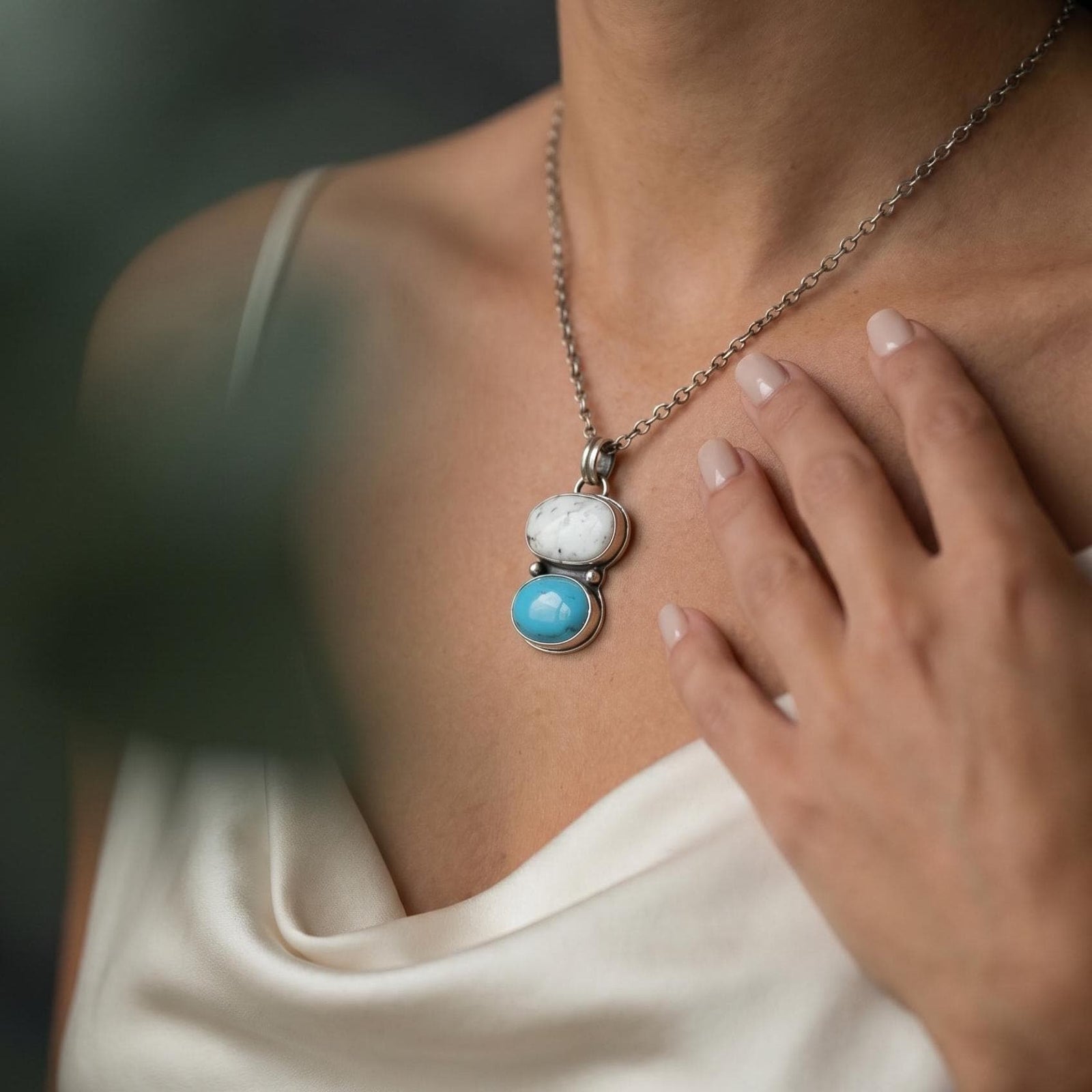 Turquoise & White Buffalo Pendant - Sterling Silver