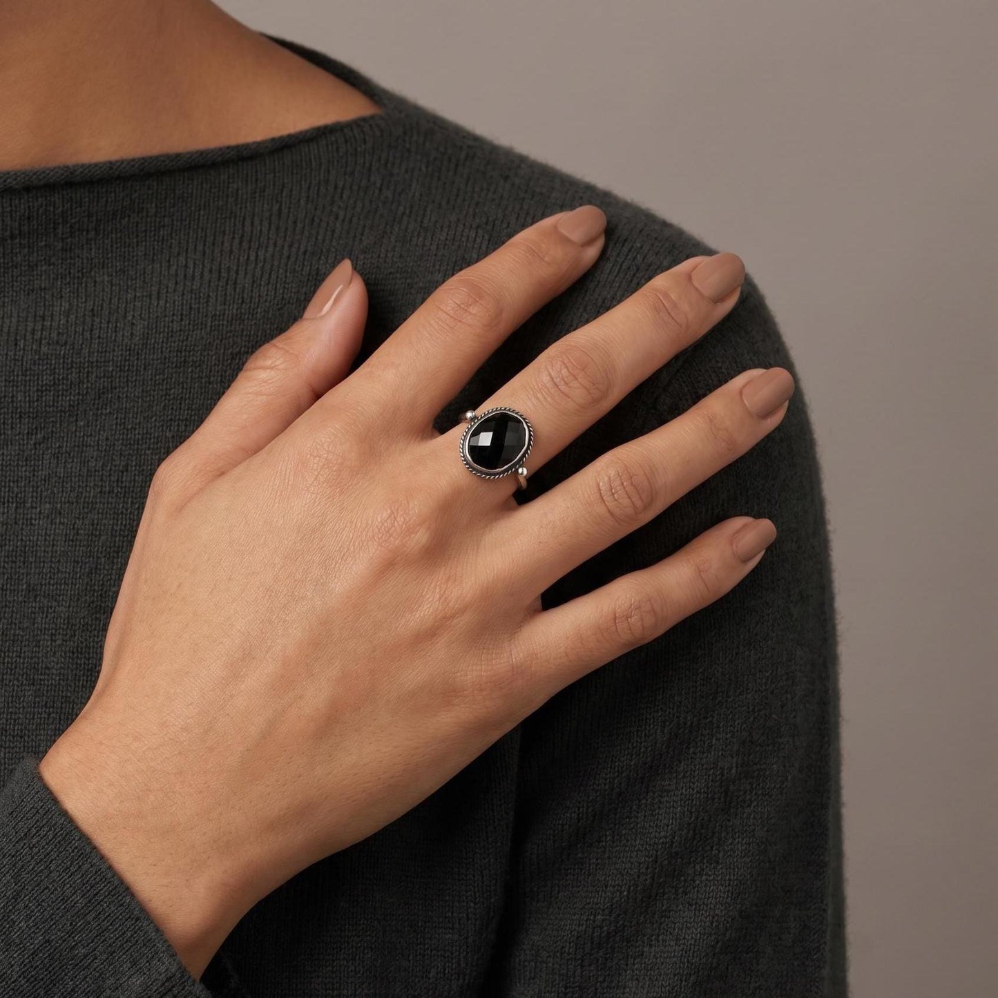 Rose Cut Black Onyx Sterling Silver Ring - Dainty Silversmith Design