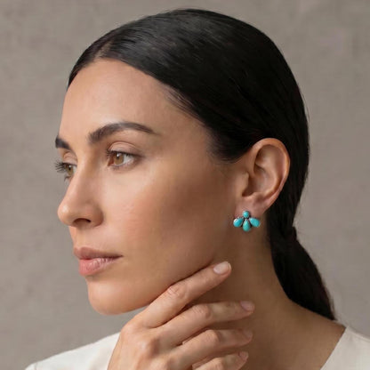 Turquoise Lotus Posts - 8 Stone Blue Turquoise Studs - Sterling Silver