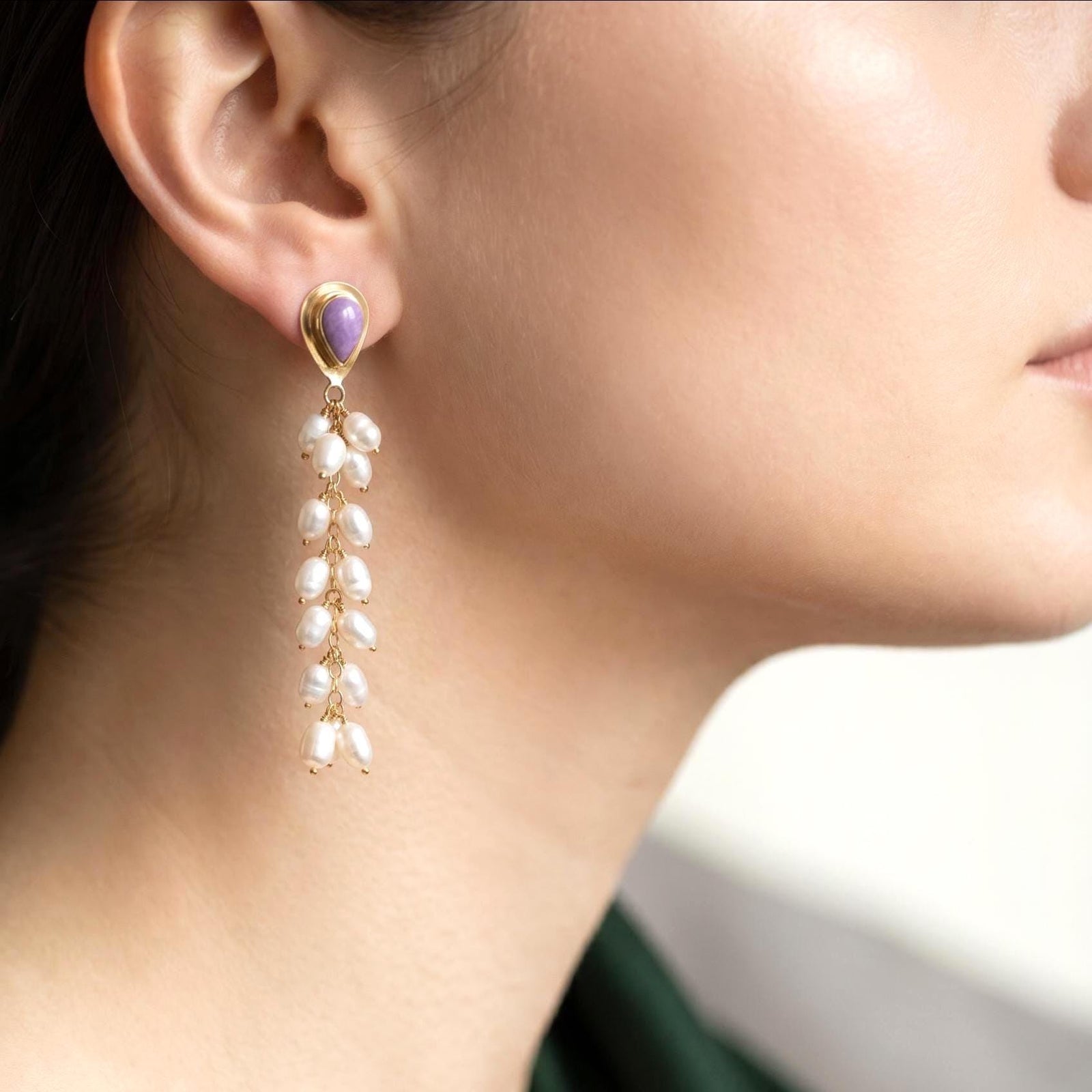 Phosphosiderite Earrings 14KT Gold - Pearl long drops "drapes" earrings - Violet Color