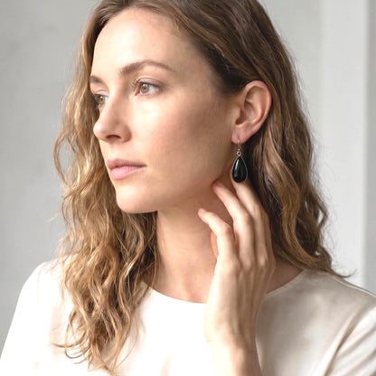 Black Agate Sterling Silver Drop Earrings – Pear Teardrop Jewelry