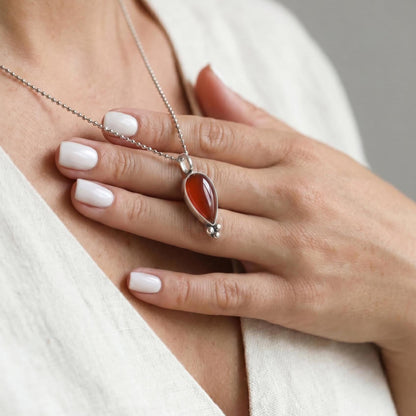 Red Agate Pendant - Carnelian Necklace - Upside down Teardrop - Silversmith