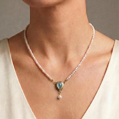 Aquamarine Necklace in 14 KT Gold - Pearl necklace