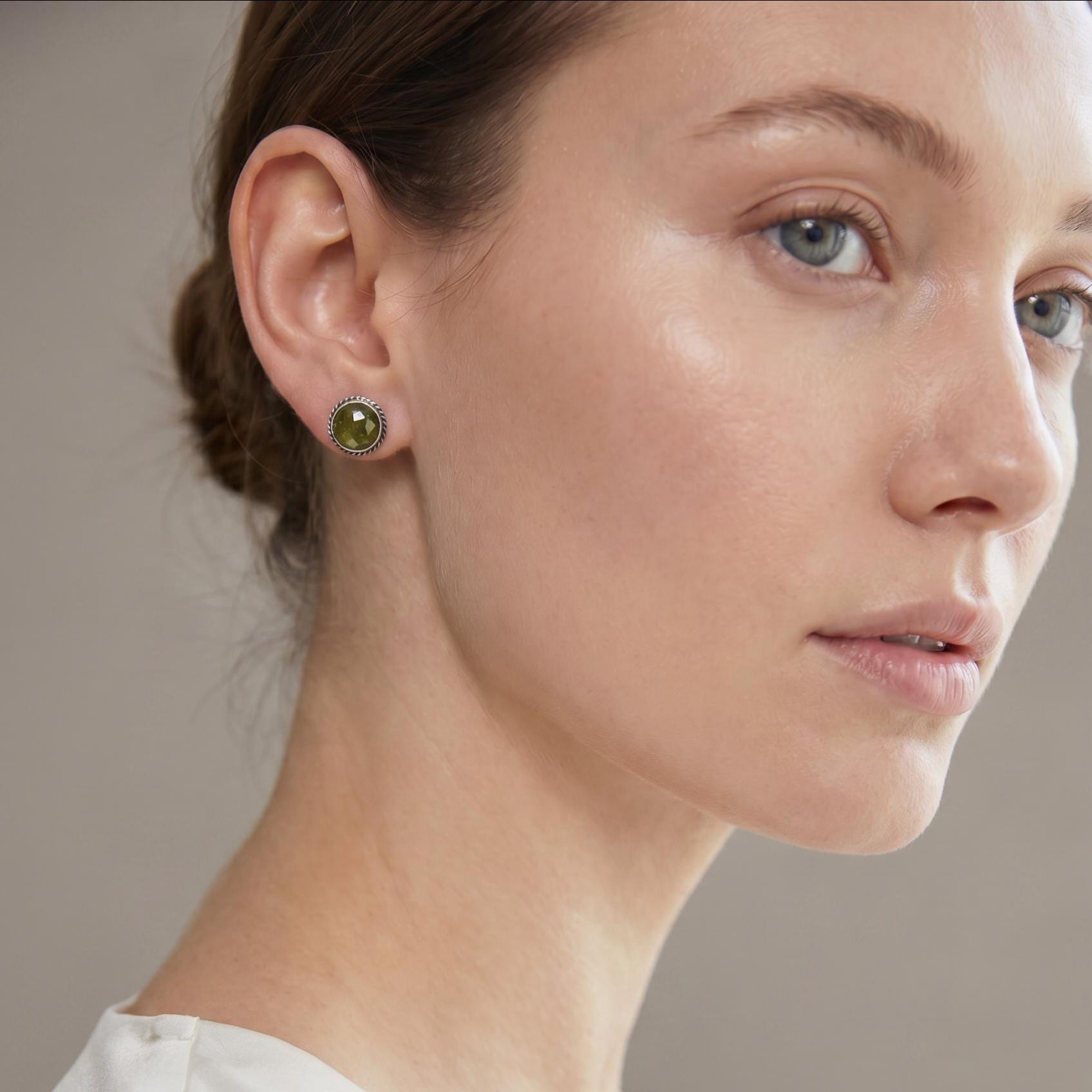 Green Garnet Earrings - Garnet Posts - .925 Sterling Silver - Silversmith