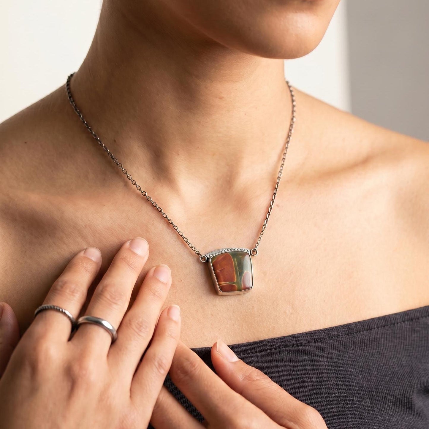 Red Creek Jasper Necklace – Sterling Silver Chain, OOAK Stone