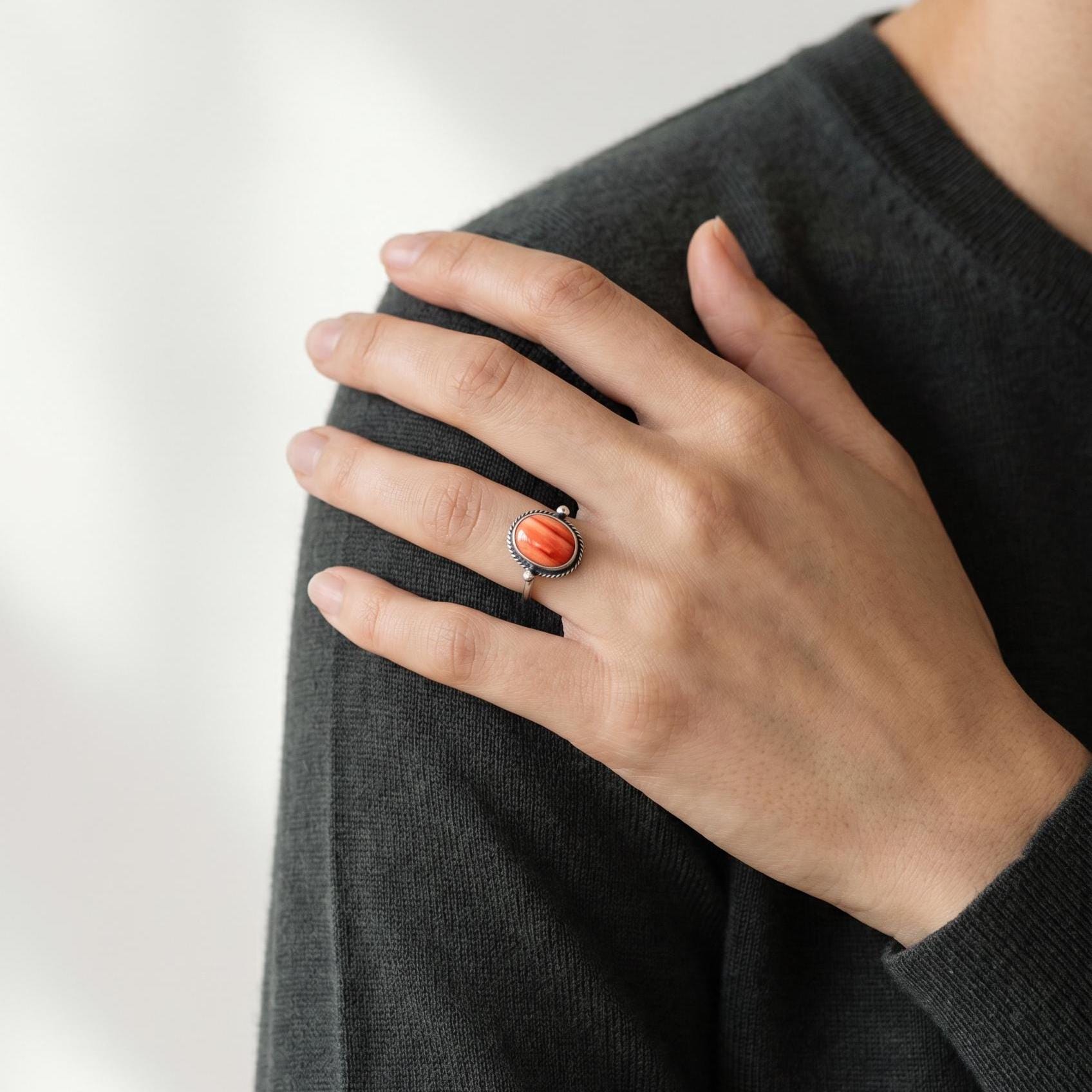 Dainty Spiny Oyster Ring – Oxidized Sterling Silver, Handmade