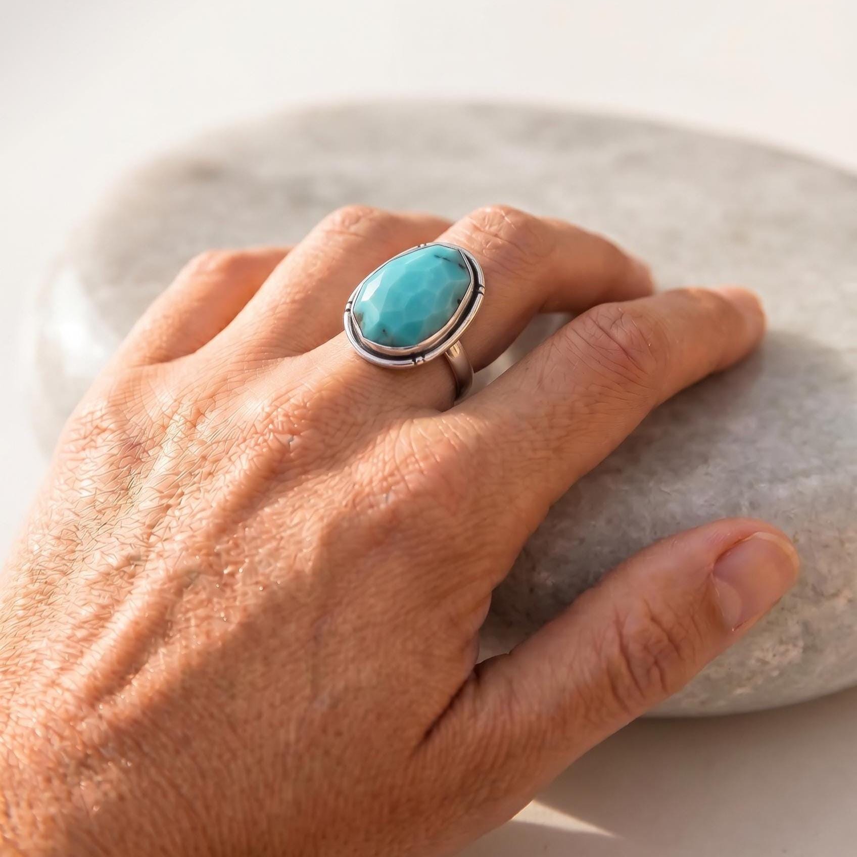 Turquoise Notched Boho Ring - .925 Sterling Silver - Choose Your Stone