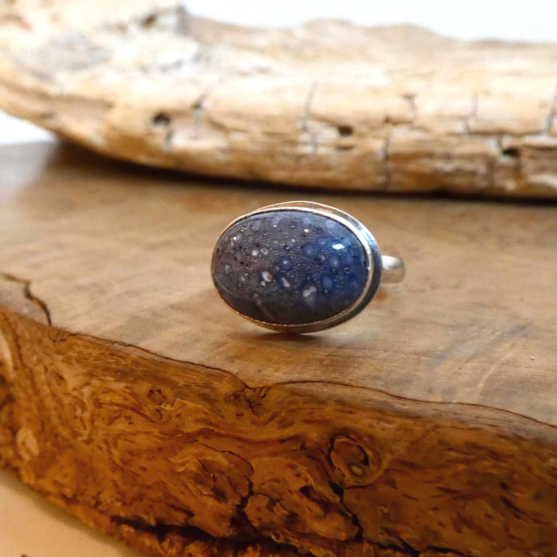 Sterling Silver Blue Sponge Coral Ring – East West Oval Stone
