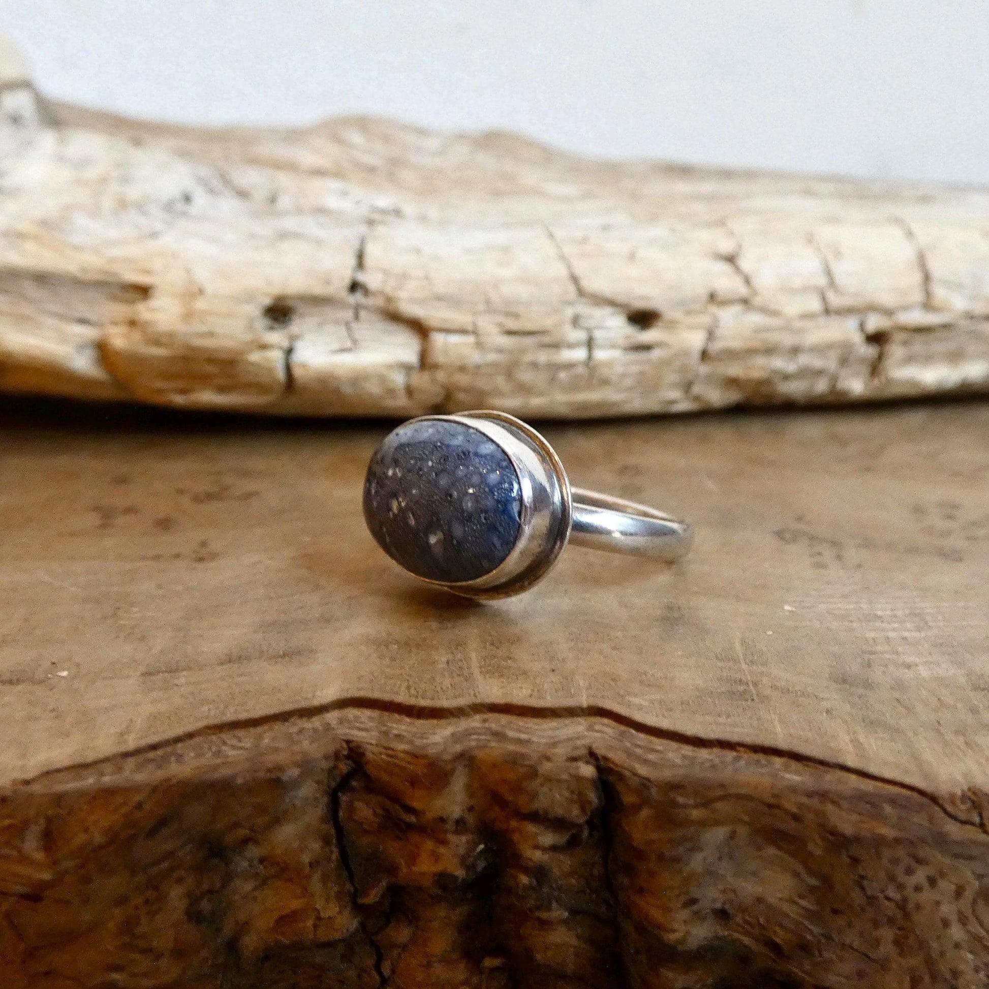 Sterling Silver Blue Sponge Coral Ring – East West Oval Stone