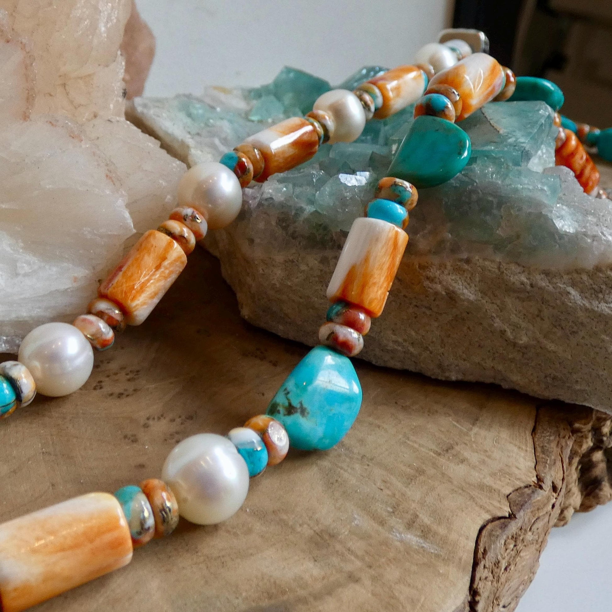 Turquoise Spiny Oyster Beaded Necklace - 11mm Freshwater Pearls - Old Bali Silver