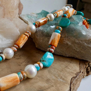 Turquoise Spiny Oyster Beaded Necklace - 11mm Freshwater Pearls - Old Bali Silver