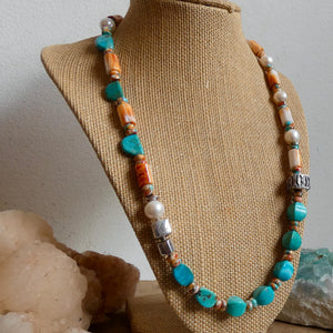 Turquoise Spiny Oyster Beaded Necklace - 11mm Freshwater Pearls - Old Bali Silver