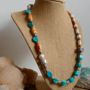 Turquoise Spiny Oyster Beaded Necklace - 11mm Freshwater Pearls - Old Bali Silver